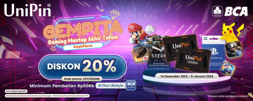 Gaming Mantap Akhir Tahun (GEMPITA) Bersama BCA dan UniPin – Top Up Voucher Game Diskon 20%